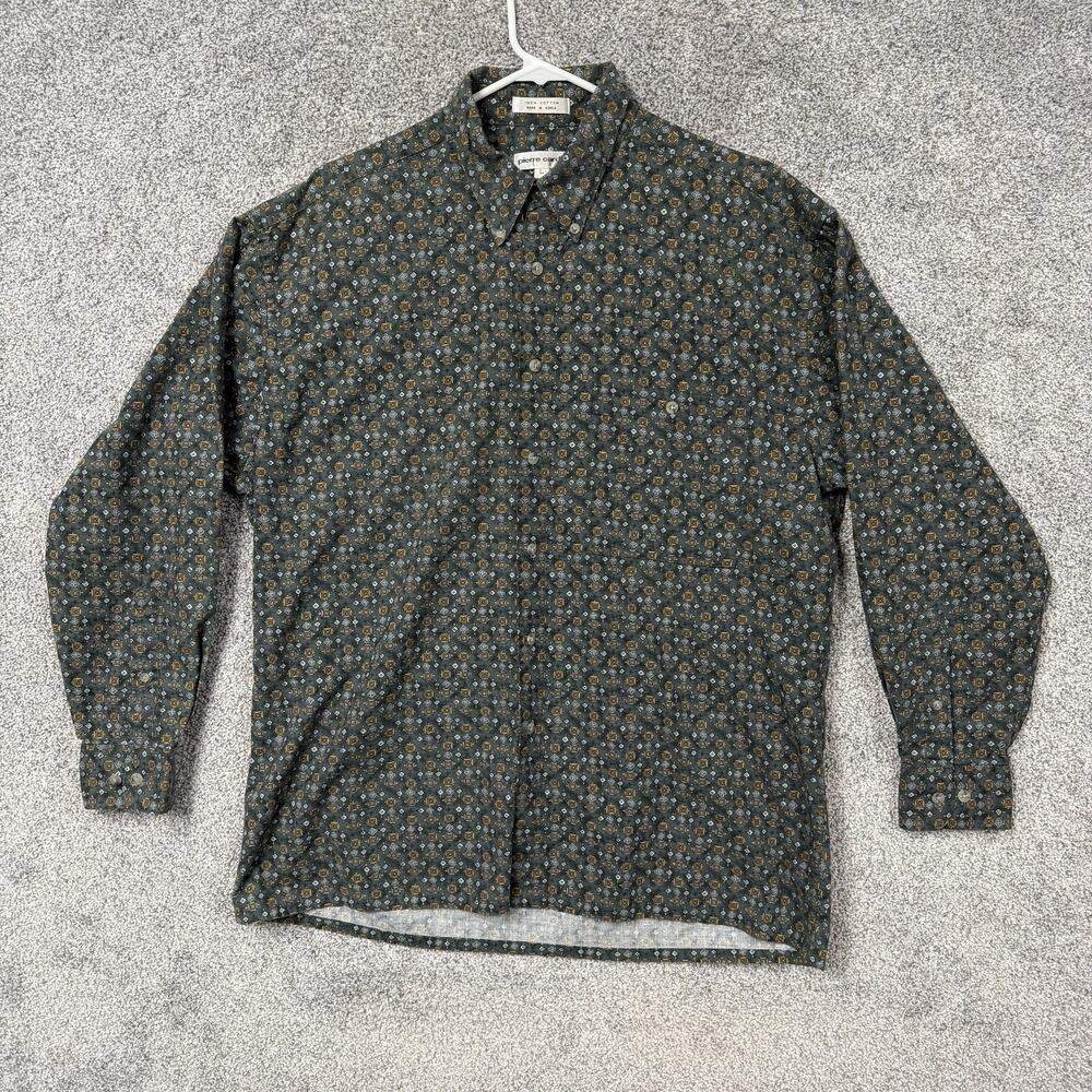 VTG 90s Pierre Cardin Button Down Shirt Mens L Green Geometric Mod Grandpacore